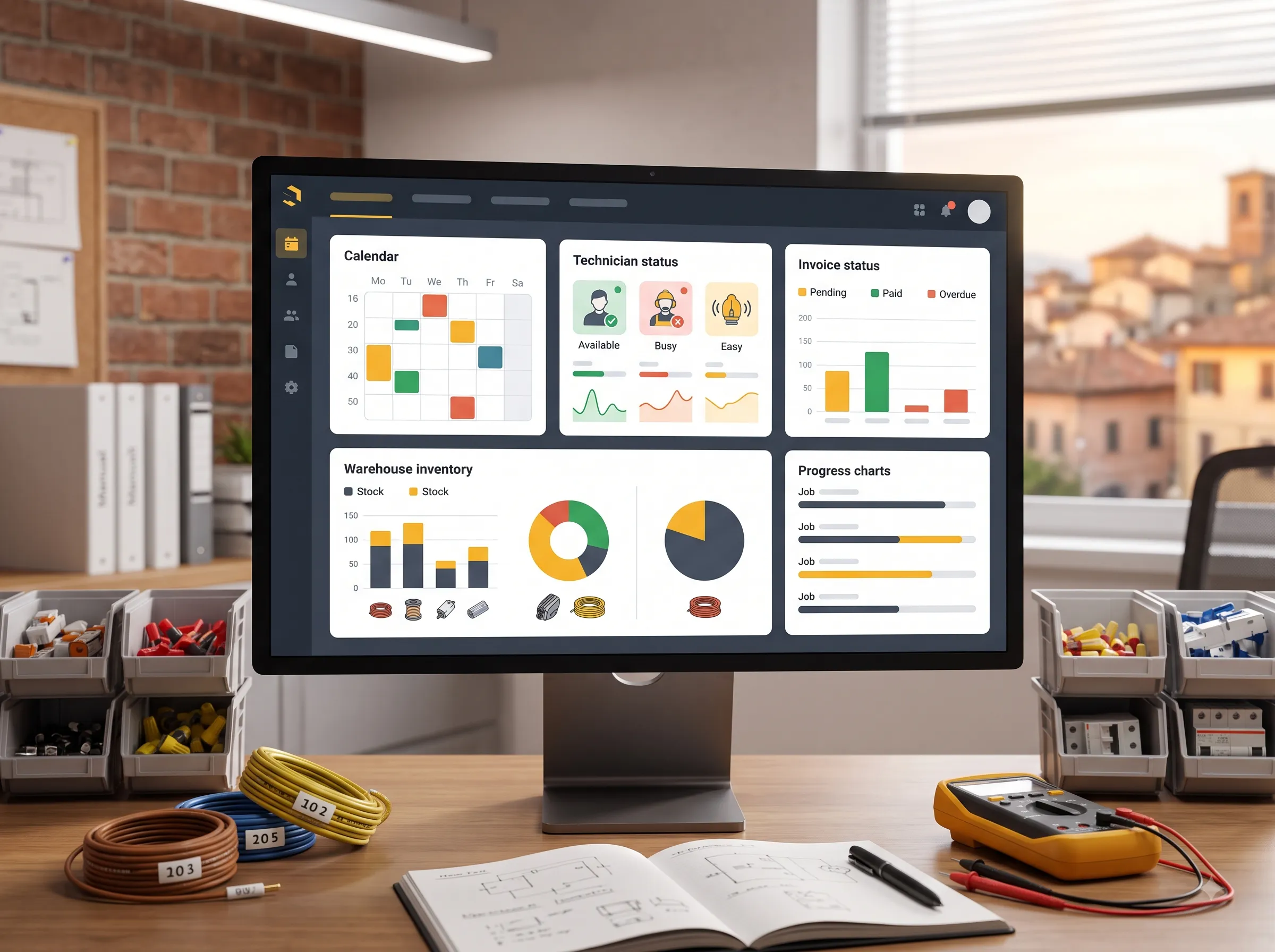 Dashboard Elettrax con interventi, tecnici, magazzino e fatture