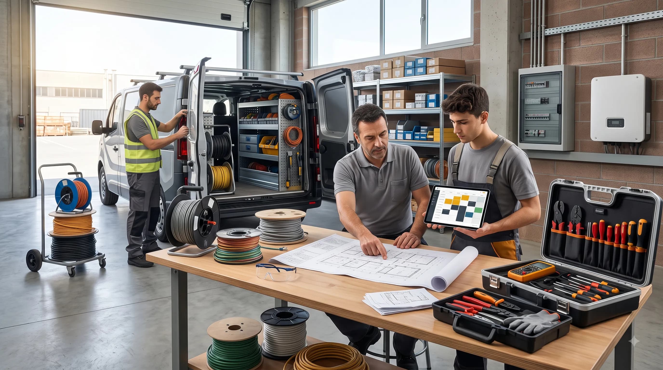 Squadra di elettricisti che pianifica interventi con tablet e materiali ordinati